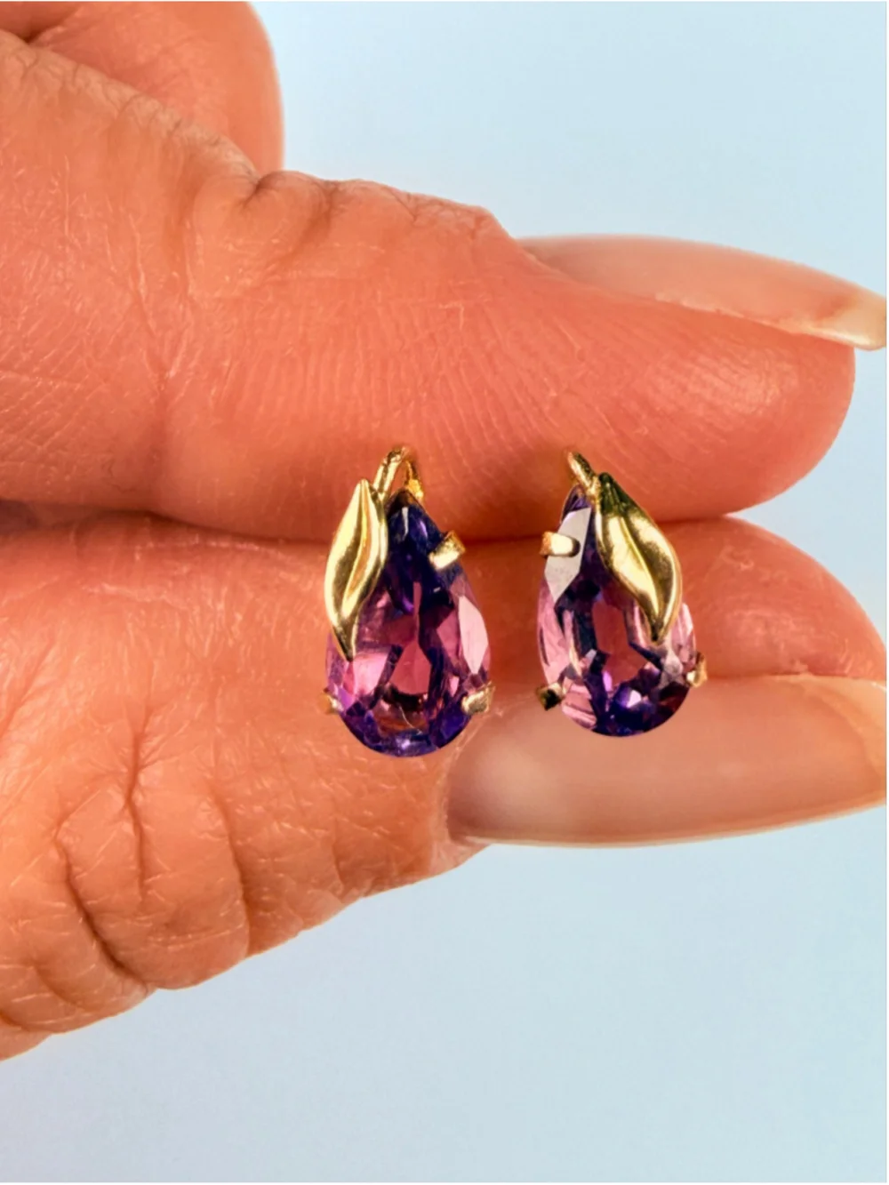 14K Solid Yellow Gold 1 CT Amethyst Pear Cut Solitaire Stud Earrings
